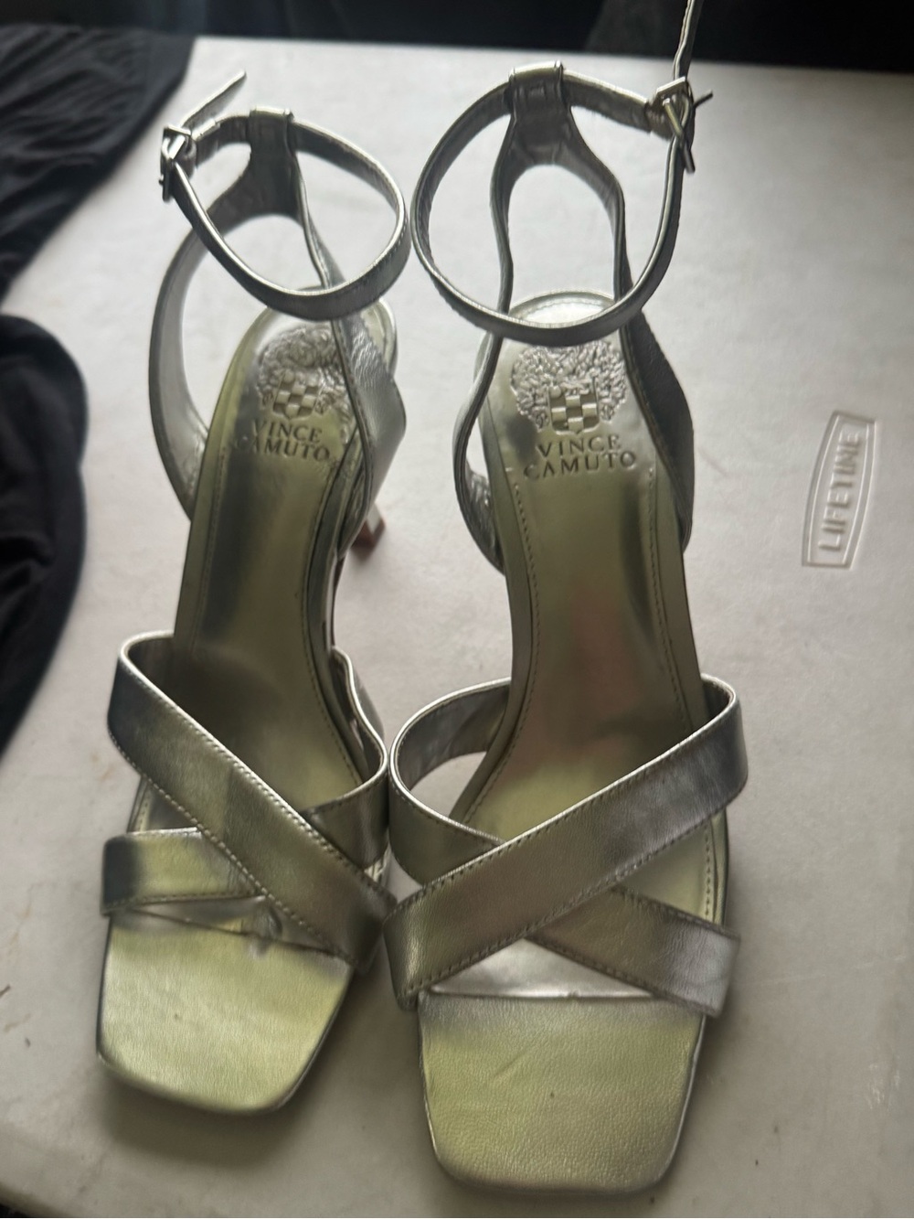 Vince Camuto Metallic Silver Crisscross Ankle-Strap Heels Womens 9